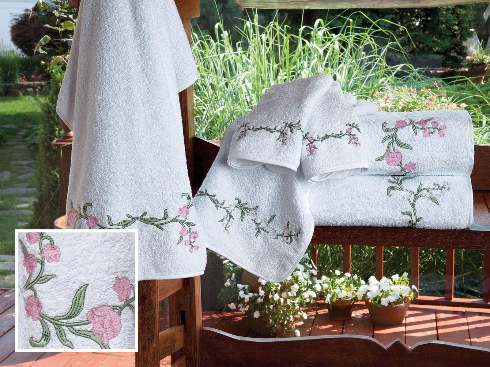 Fleur de Muguet Towels Bath Set, Pink (Ranch (2 Bath, 2 Hand, 4 Wash, 1 Mat))