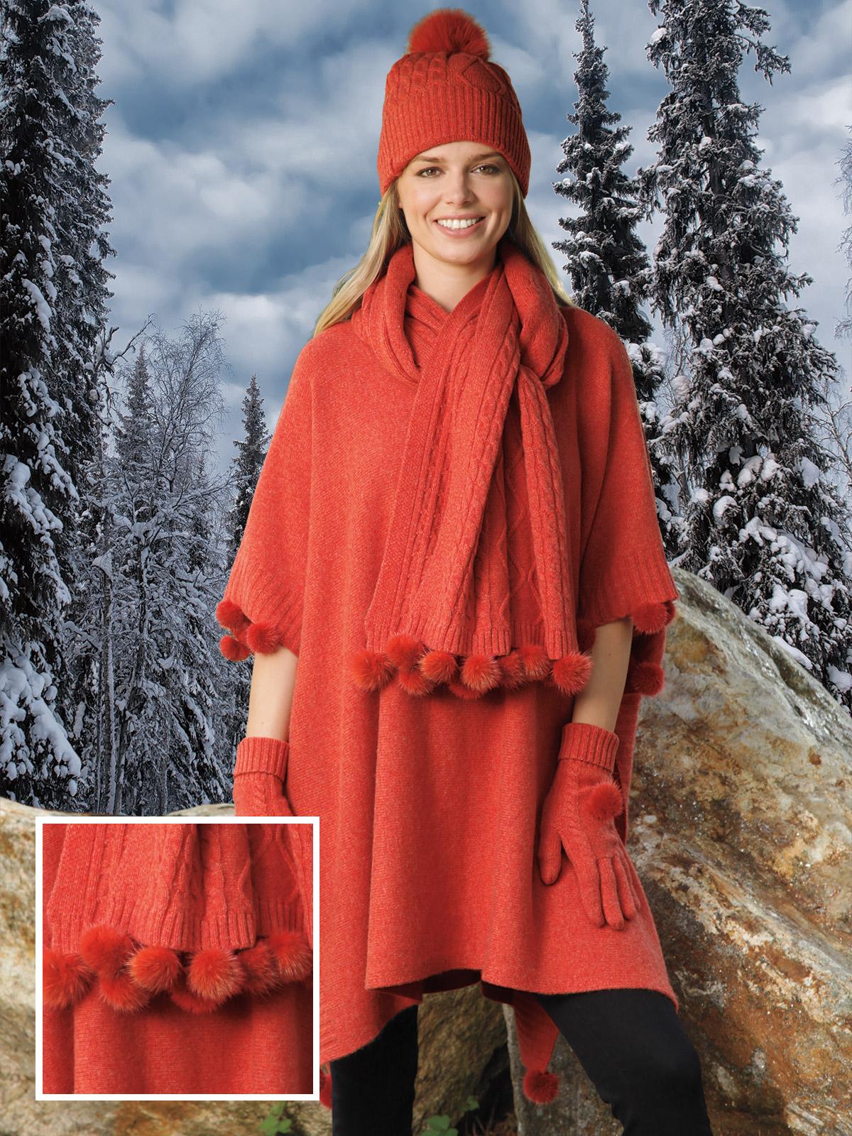 Julianna Cashmere Poncho Set Gloves, Vermilion (One Size Fits Most)