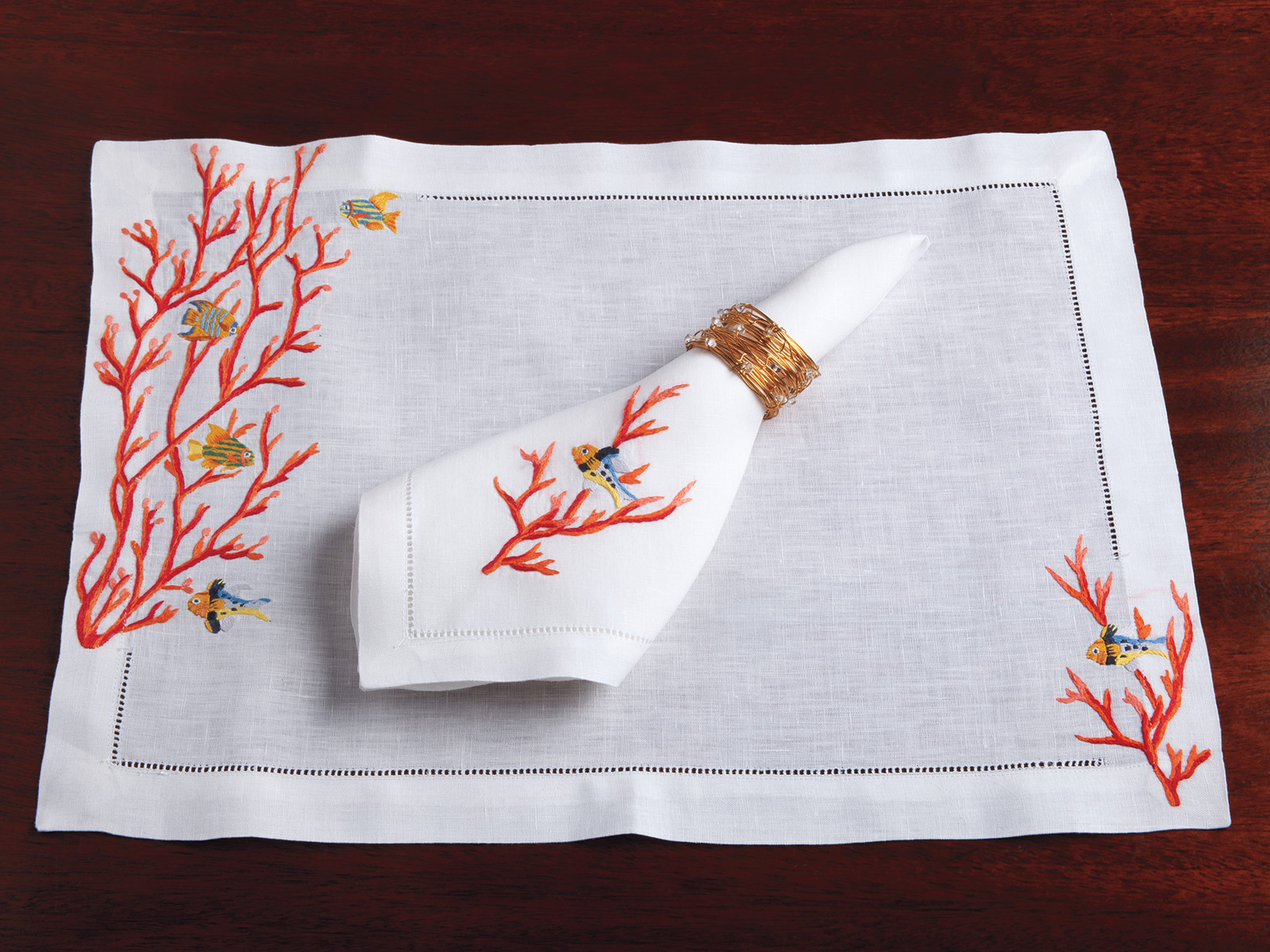 Coral Treasures Placemat Set: Embroidered with colorful coral & reef fish