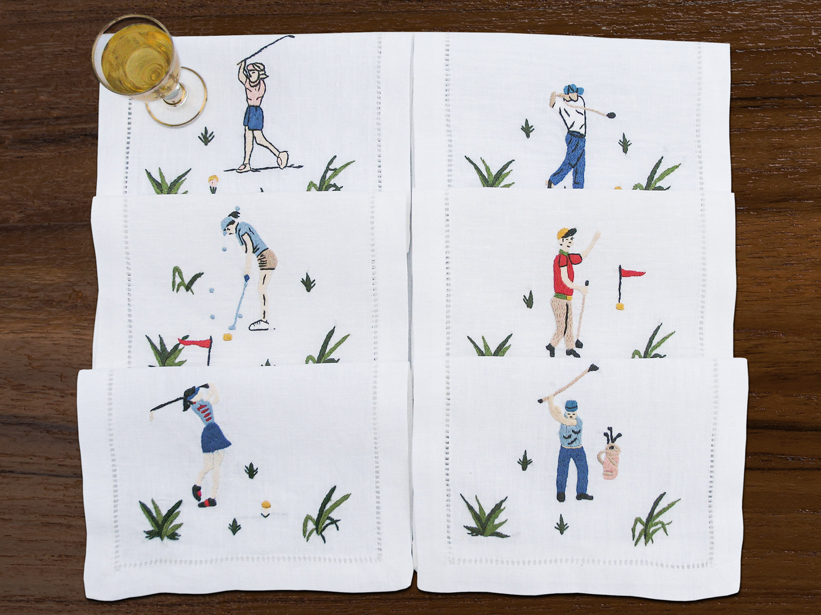 FORE! Set of 6 Cocktail Napkins embroidered with Golfing themes