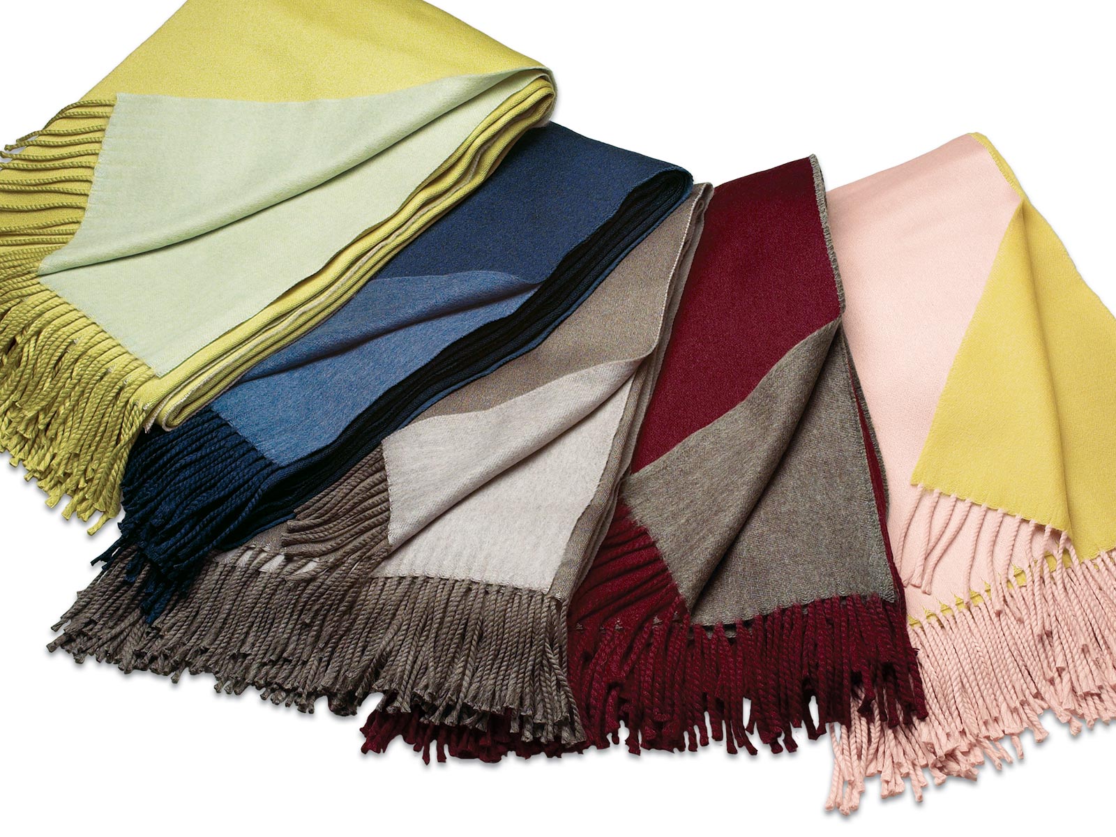 Borges Cashmere Throw: Yellowgreen/Mint, Navy/Sky Blue, Mocha/Taupe, Burgundy/Taupe, Yellowgreen/Pink