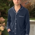 Dereck: Detail — Navy Blue Men's Pjs with White Piping accents