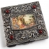 Silver Filigree Compact Case: Painted front panel of pastoral scene