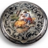 Stirling Silver Powder Compact Case with Niello work on lid: Enamel painted front panel of couple