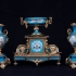 Sèvres Cobalt Blue Gilt Bronze & Porcelain Garniture Set: 1 Mantle clock + 2 Urn Vases